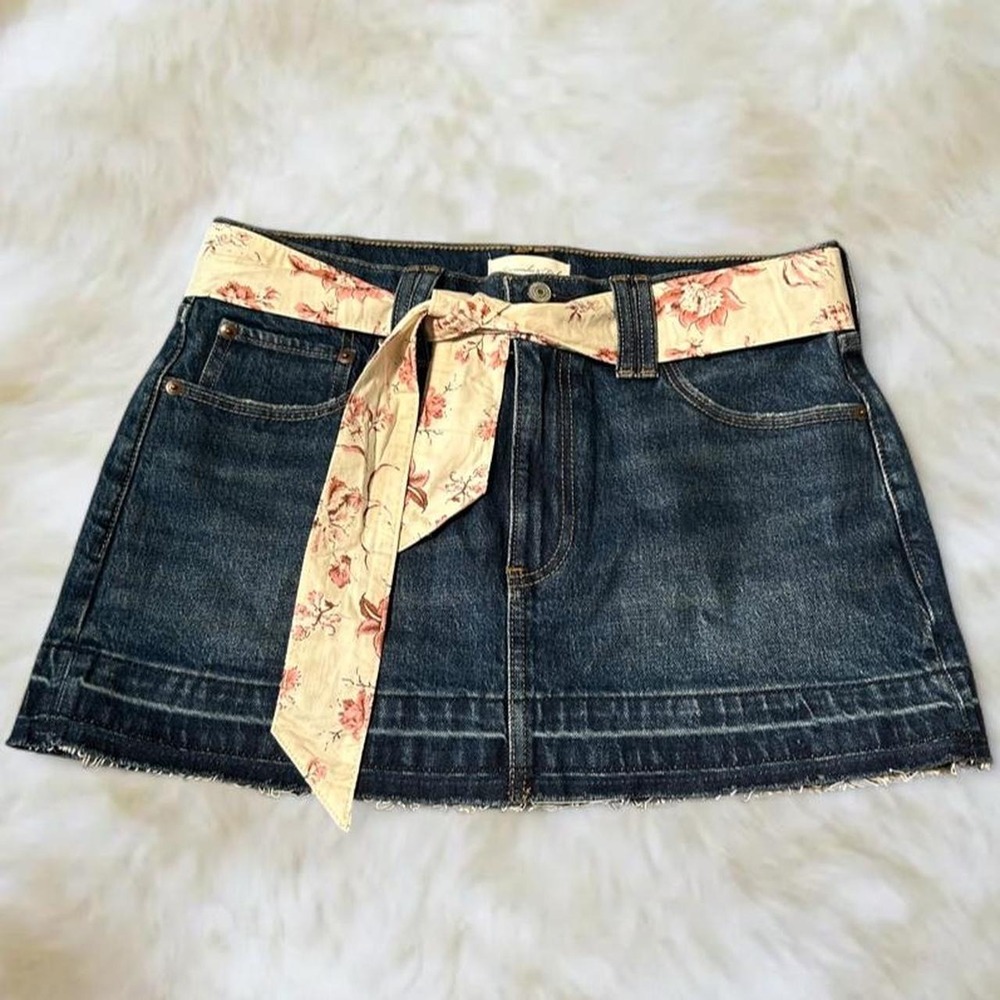 Abercrombie & Fitch Denim Mini Skirt Floral Tie Belt Y2K Dark Wash Raw Hem 28